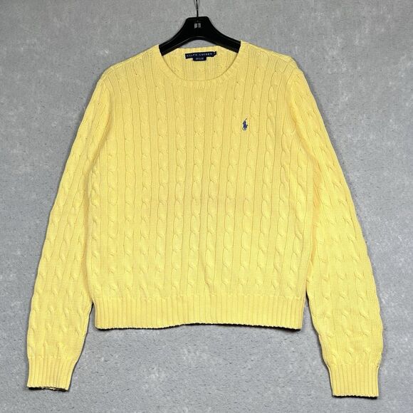 Polo Ralph Lauren Sweater Womens XL X-Large Yellow Cotton Cable Knit Crew Neck - Picture 1 of 12